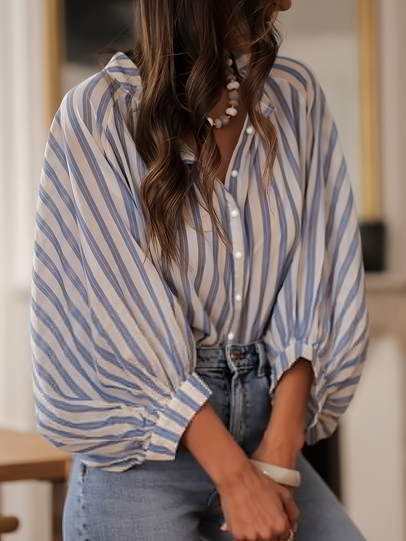 Volume Sleeve Striped Button-Down Shirt