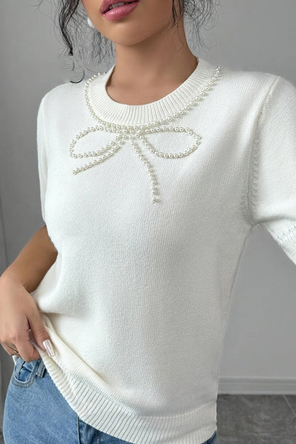 White Pearl Bow Embellished Round Neck Sweater