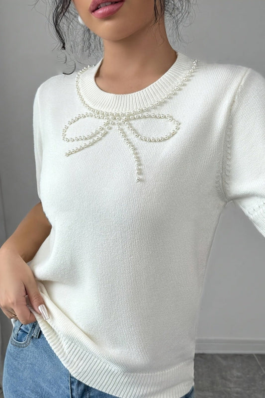 White Pearl Bow Embellished Round Neck Sweater