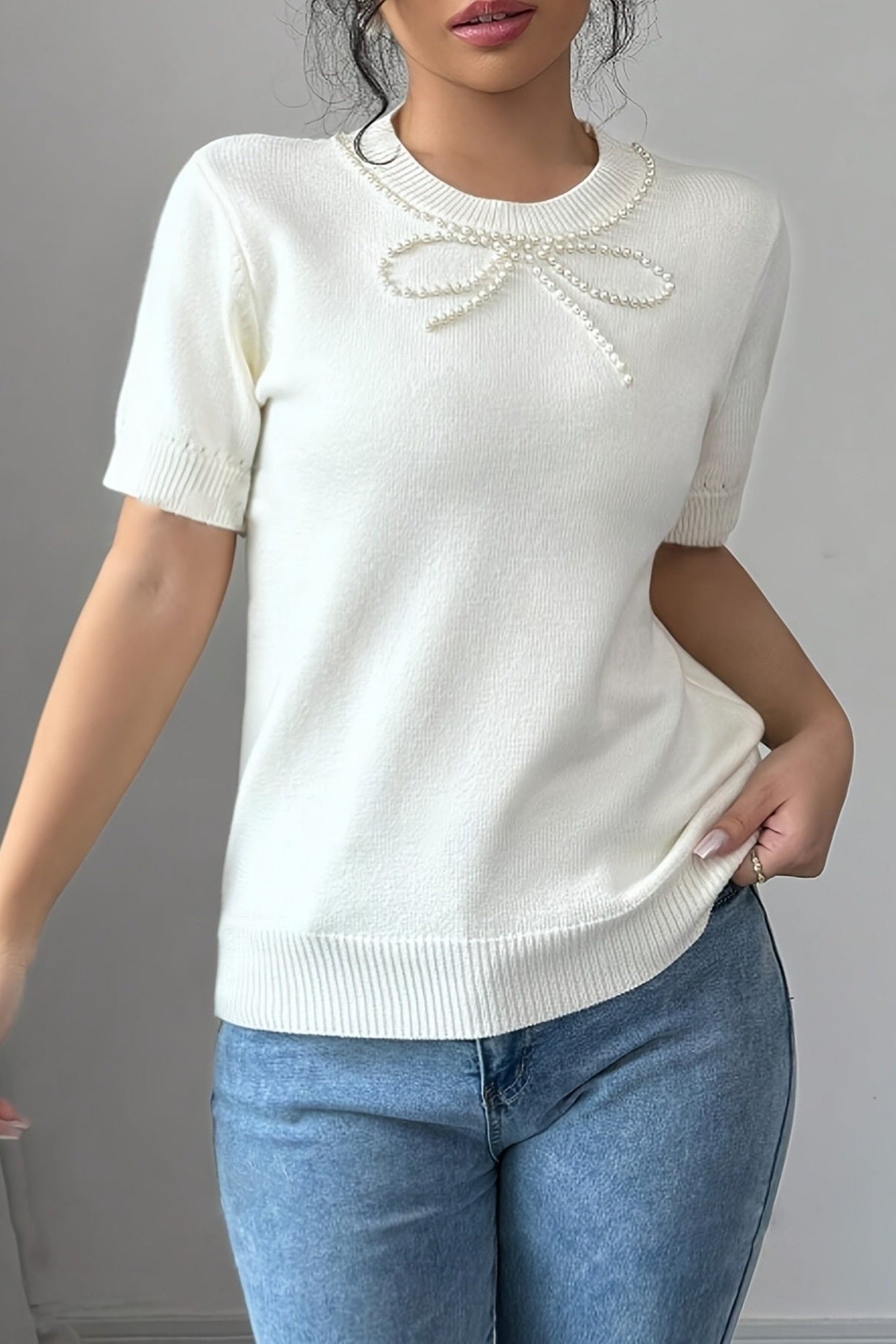 White Pearl Bow Embellished Round Neck Sweater