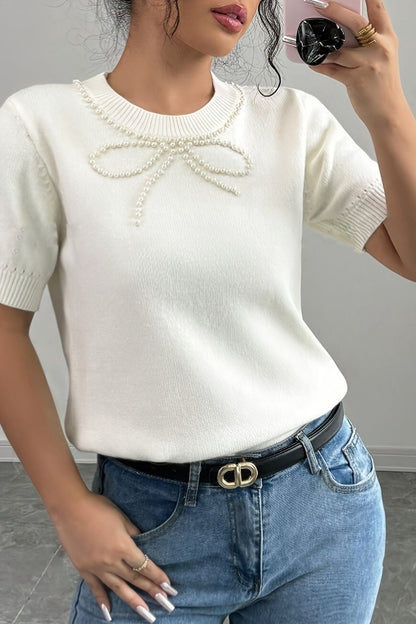 White Pearl Bow Embellished Round Neck Sweater