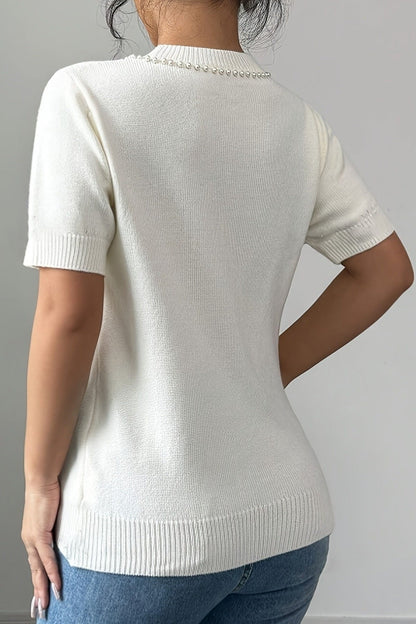 White Pearl Bow Embellished Round Neck Sweater