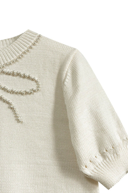 White Pearl Bow Embellished Round Neck Sweater