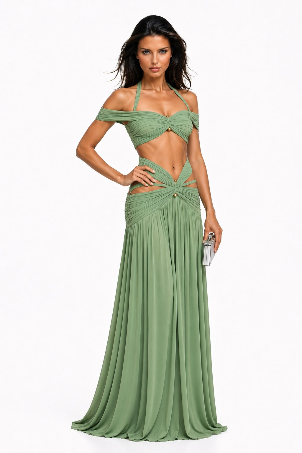 AZRA Goddess Escape Maxi Set – Ruched Halter Crop Top & Cutout Maxi Skirt