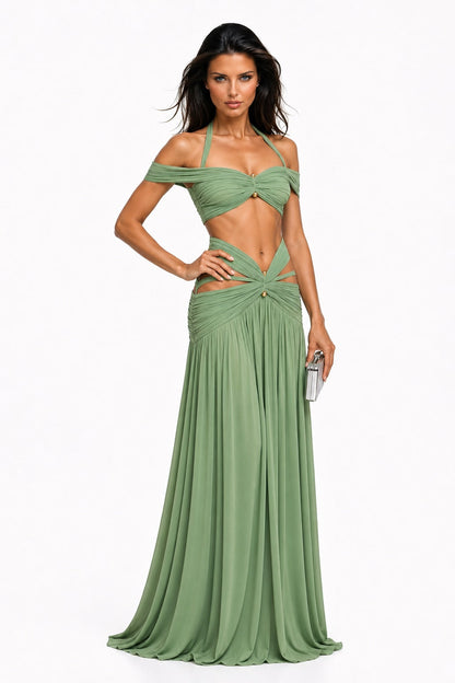 AZRA Goddess Escape Maxi Set – Ruched Halter Crop Top & Cutout Maxi Skirt