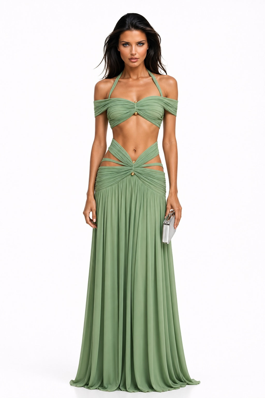 AZRA Goddess Escape Maxi Set – Ruched Halter Crop Top & Cutout Maxi Skirt