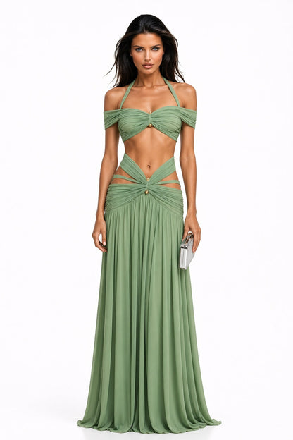 AZRA Goddess Escape Maxi Set – Ruched Halter Crop Top & Cutout Maxi Skirt