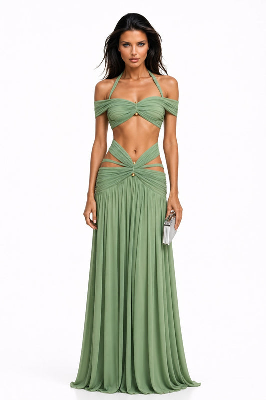 AZRA Goddess Escape Maxi Set – Ruched Halter Crop Top & Cutout Maxi Skirt