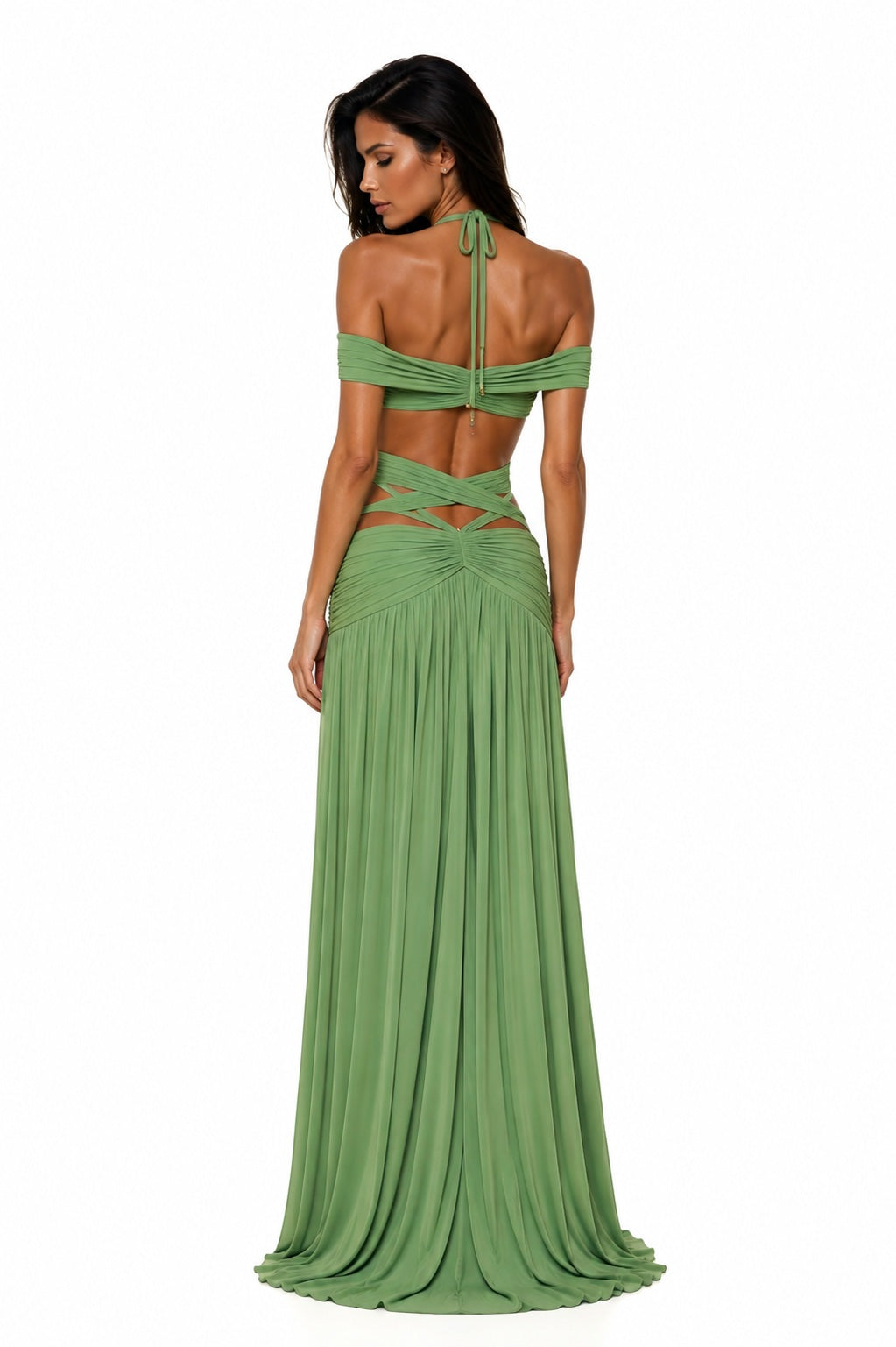AZRA Goddess Escape Maxi Set – Ruched Halter Crop Top & Cutout Maxi Skirt