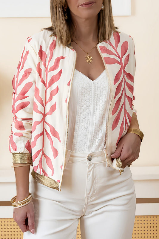 Floral Leaf Pattern with Gold Trim Zip Up Jacket