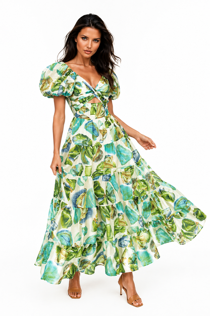ERVA Botanica Escape Maxi Dress – Puff Sleeve Cutout Botanical Print Dress