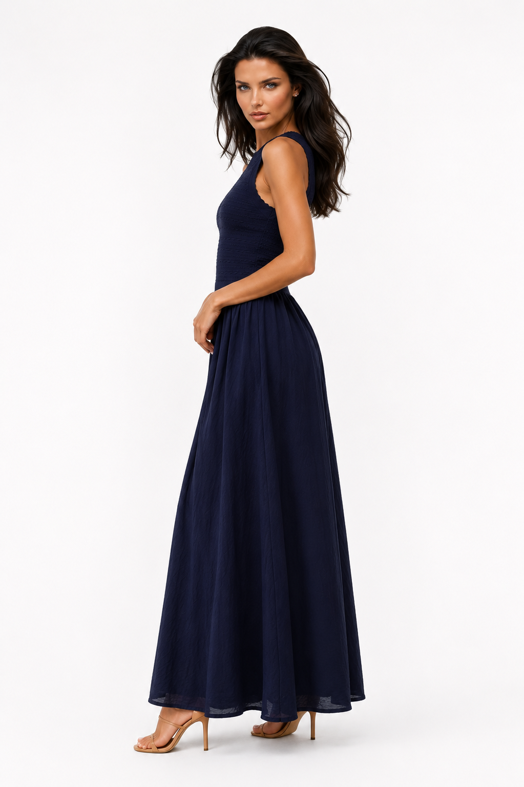 AKASYA Monaco Maxi Dress – Sleeveless Fit & Flare Textured Maxi Dress