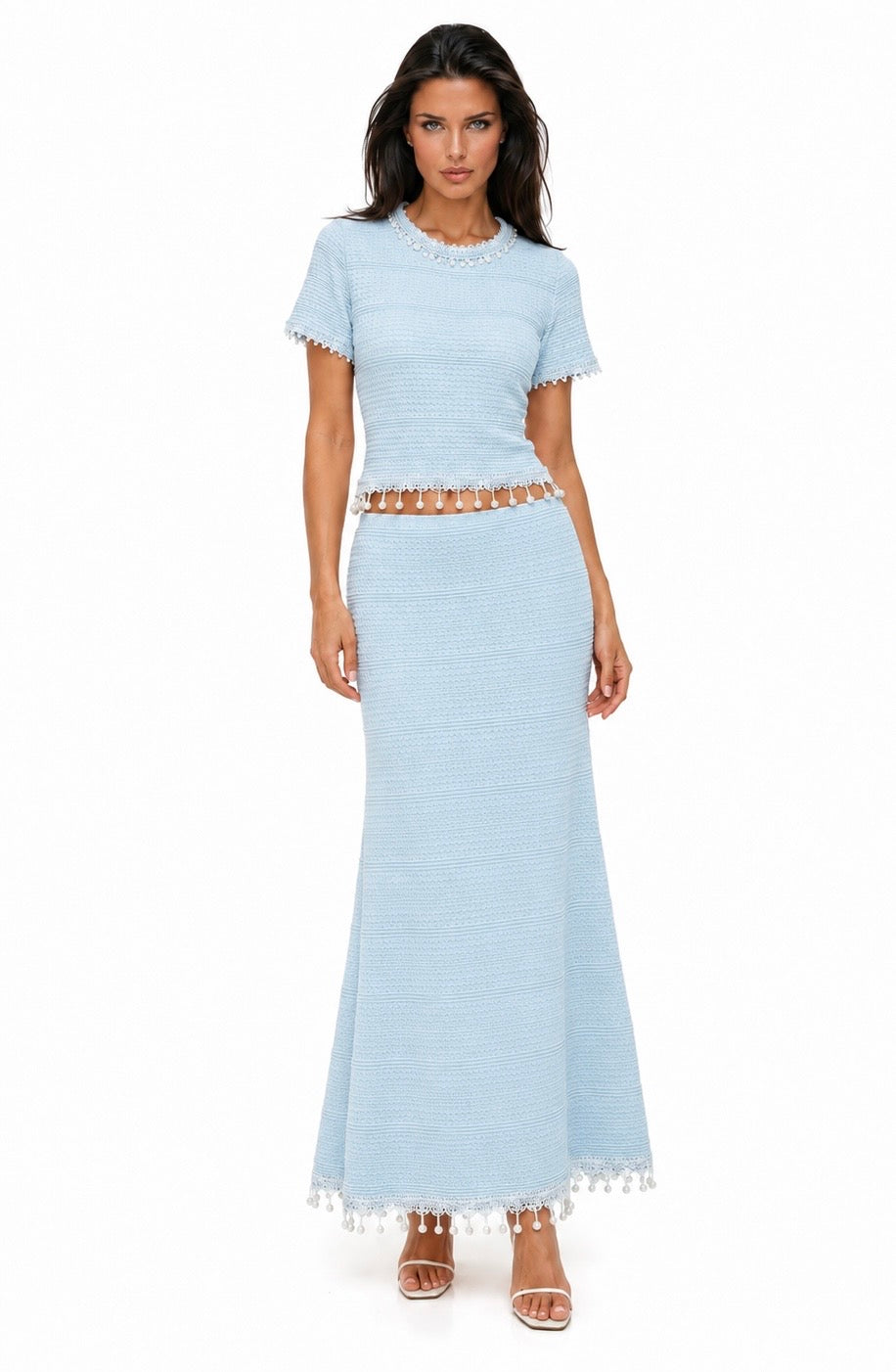 THALIA Pearl Reverie Knit Two-Piece Set – Cropped Top & Maxi Skirt