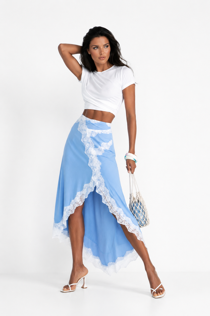 ANDRE Coastal Lace Wrap Skirt Set – White Crop Top & Asymmetric Blue Lace Skirt