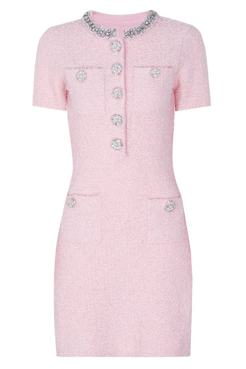 DACIA Pink Tweed Embellished Mini Dress | Chic Women’s Dress