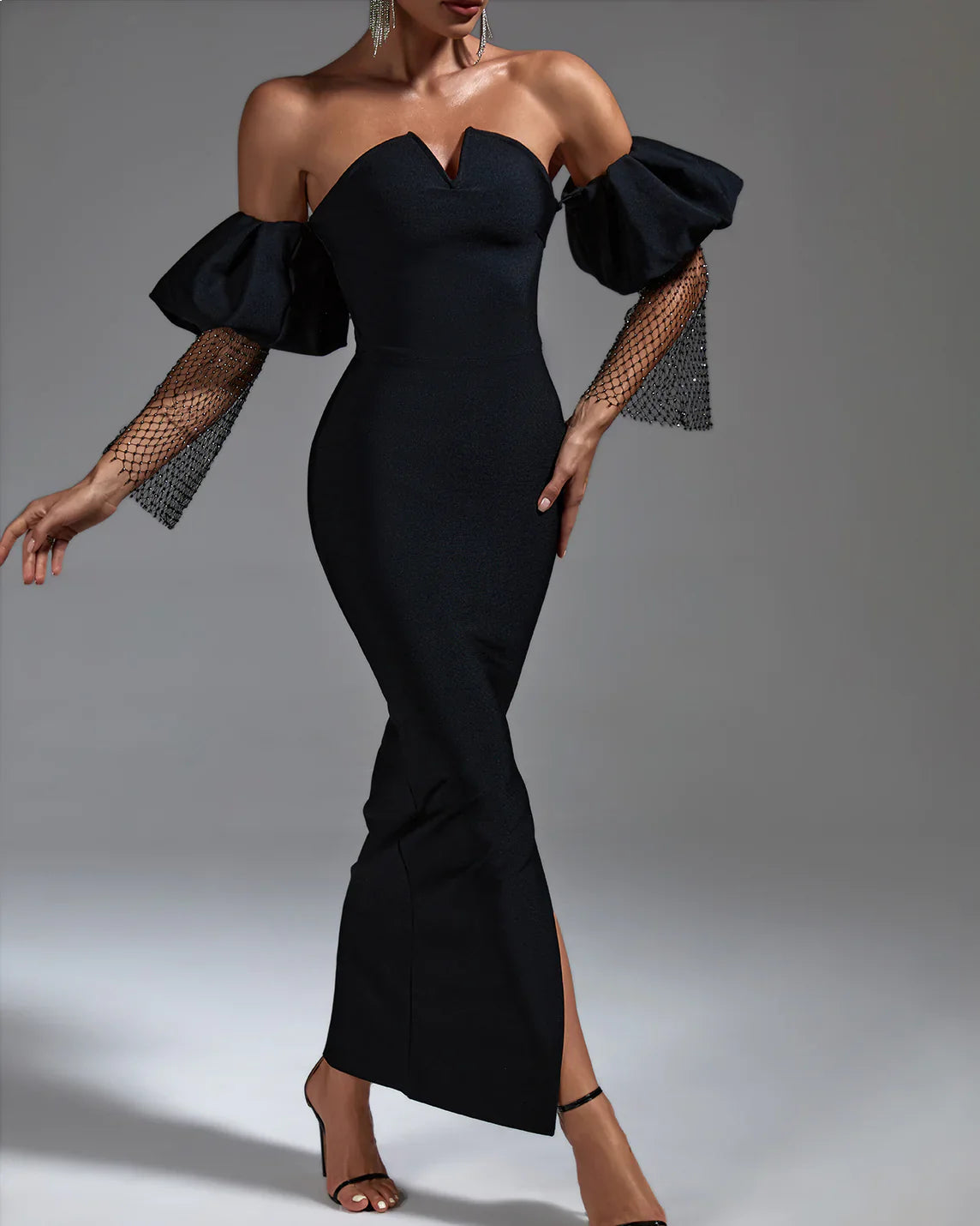 DAGMAR Black Puffed Sleeve Bandage Maxi Dress