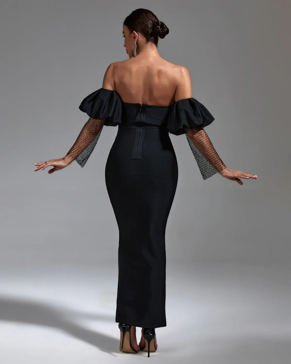 DAGMAR Black Puffed Sleeve Bandage Maxi Dress