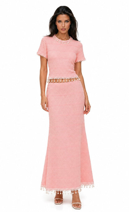 THALIA Pearl Reverie Knit Two-Piece Set – Cropped Top & Maxi Skirt