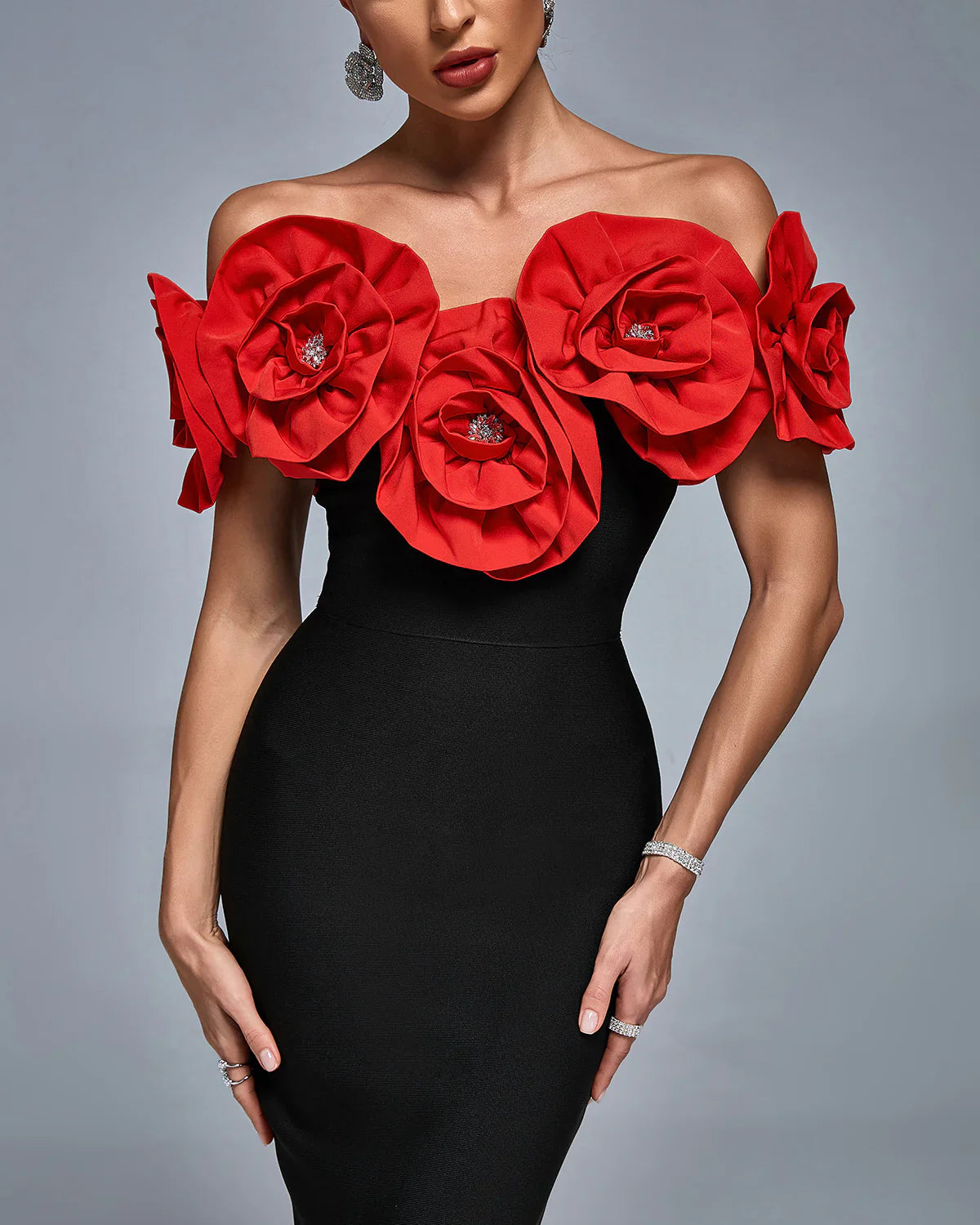 DIONE Off Shoulder Crystal Flowers Bandage Dress