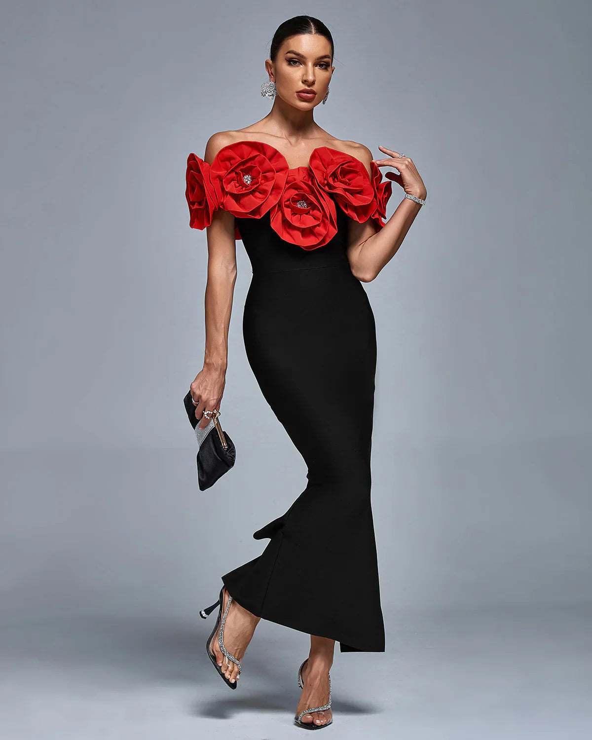 DIONE Off Shoulder Crystal Flowers Bandage Dress