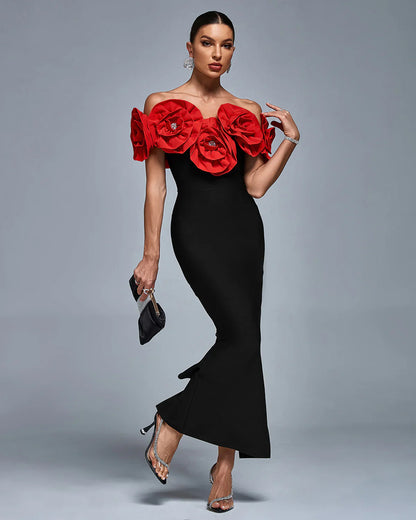 DIONE Off Shoulder Crystal Flowers Bandage Dress