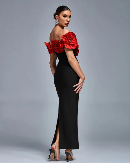 DIONE Off Shoulder Crystal Flowers Bandage Dress
