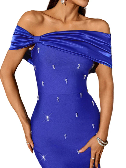 DOMINIKA Off Shoulder Crystals Maxi Bandage Dress