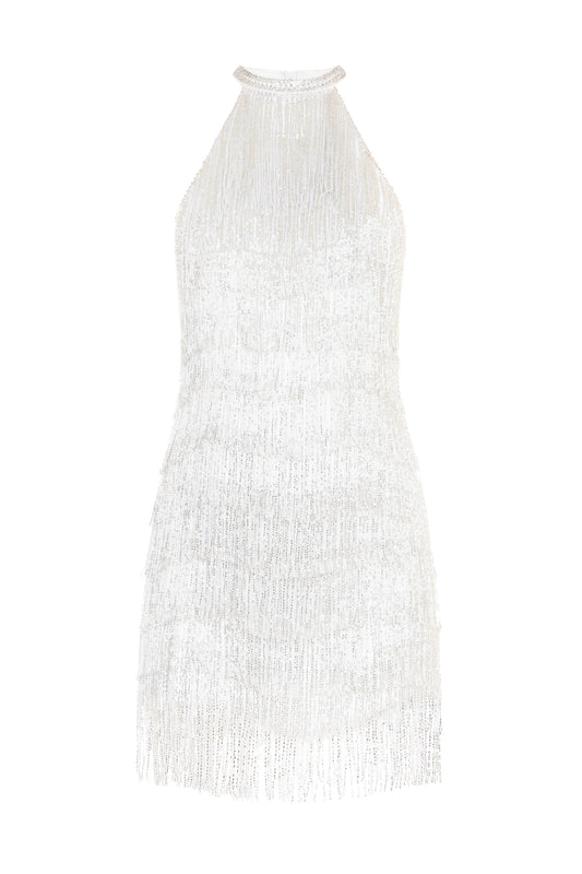 Women Sequin Halter Dress | Tassel | Sleeveless | Backless | Mini Fringed Dress
