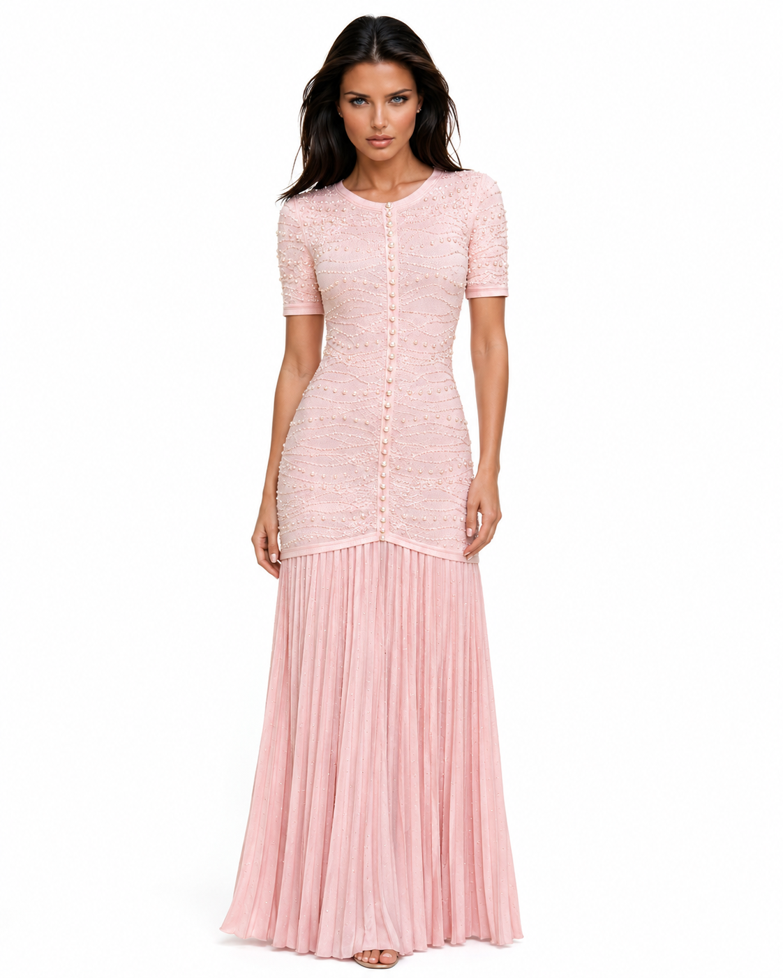 GINA Knit Pearl Embellished Pleated Maxi Dress – Elegant Beaded Gown