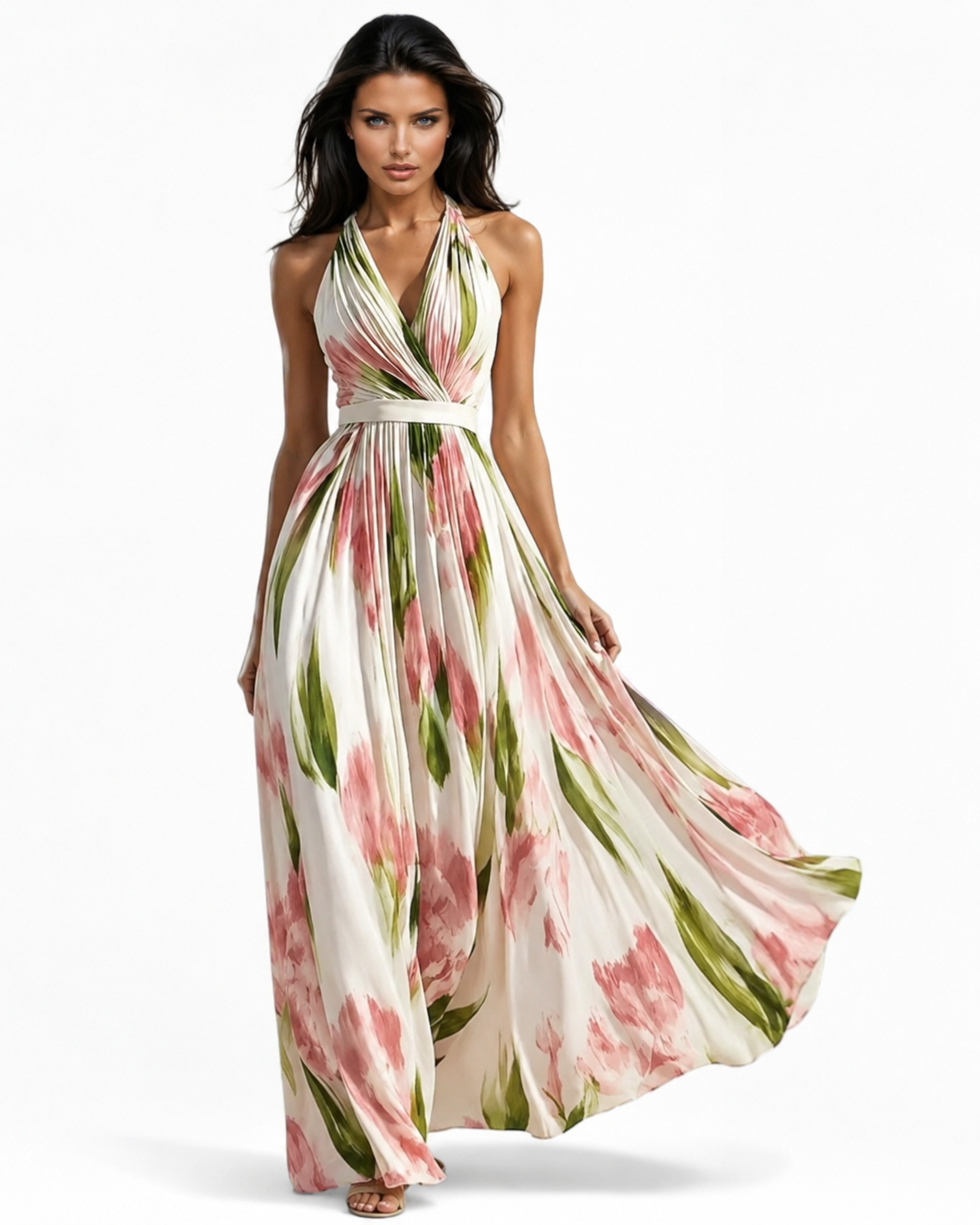 ABBE Rosé Garden Halter Maxi Dress – Floral Deep V Flowing Evening Dress