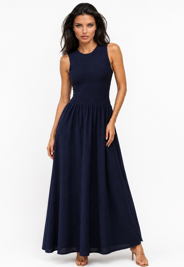 AKASYA Monaco Maxi Dress – Sleeveless Fit & Flare Textured Maxi Dress