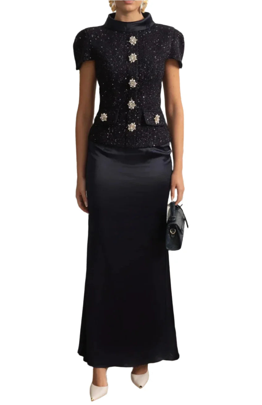 EKATERINA CO-ORD SET WITH TWEED EMBELLISHED TOP AND SATIN MAXI SKIRT