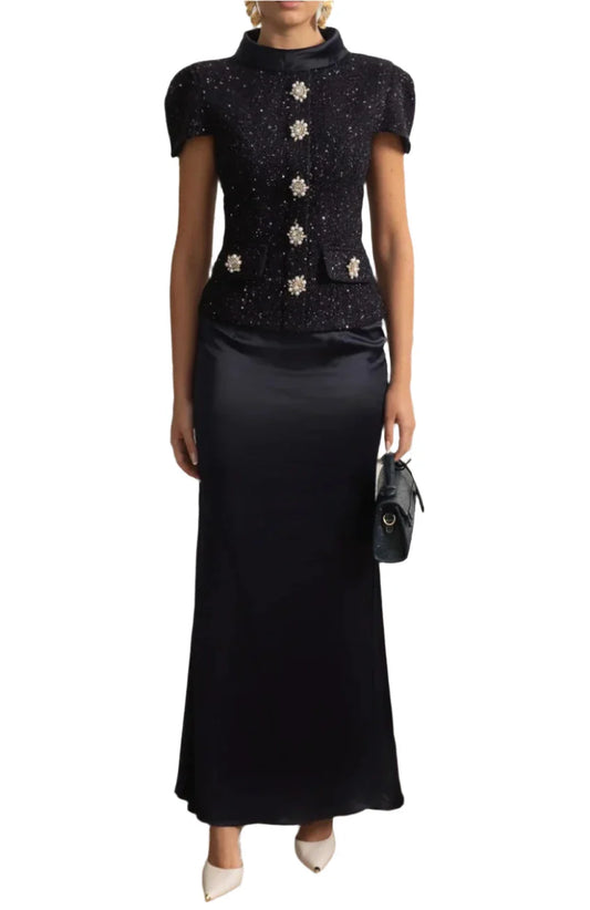 EKATERINA CO-ORD SET WITH TWEED EMBELLISHED TOP AND SATIN MAXI SKIRT