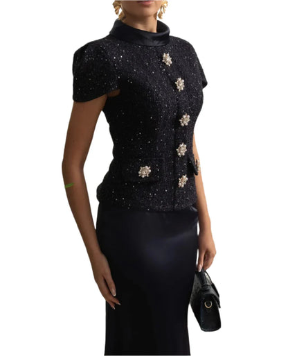EKATERINA CO-ORD SET WITH TWEED EMBELLISHED TOP AND SATIN MAXI SKIRT