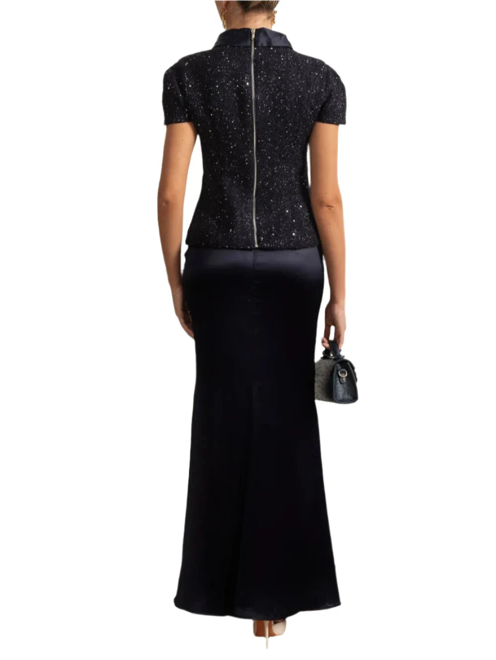 EKATERINA CO-ORD SET WITH TWEED EMBELLISHED TOP AND SATIN MAXI SKIRT