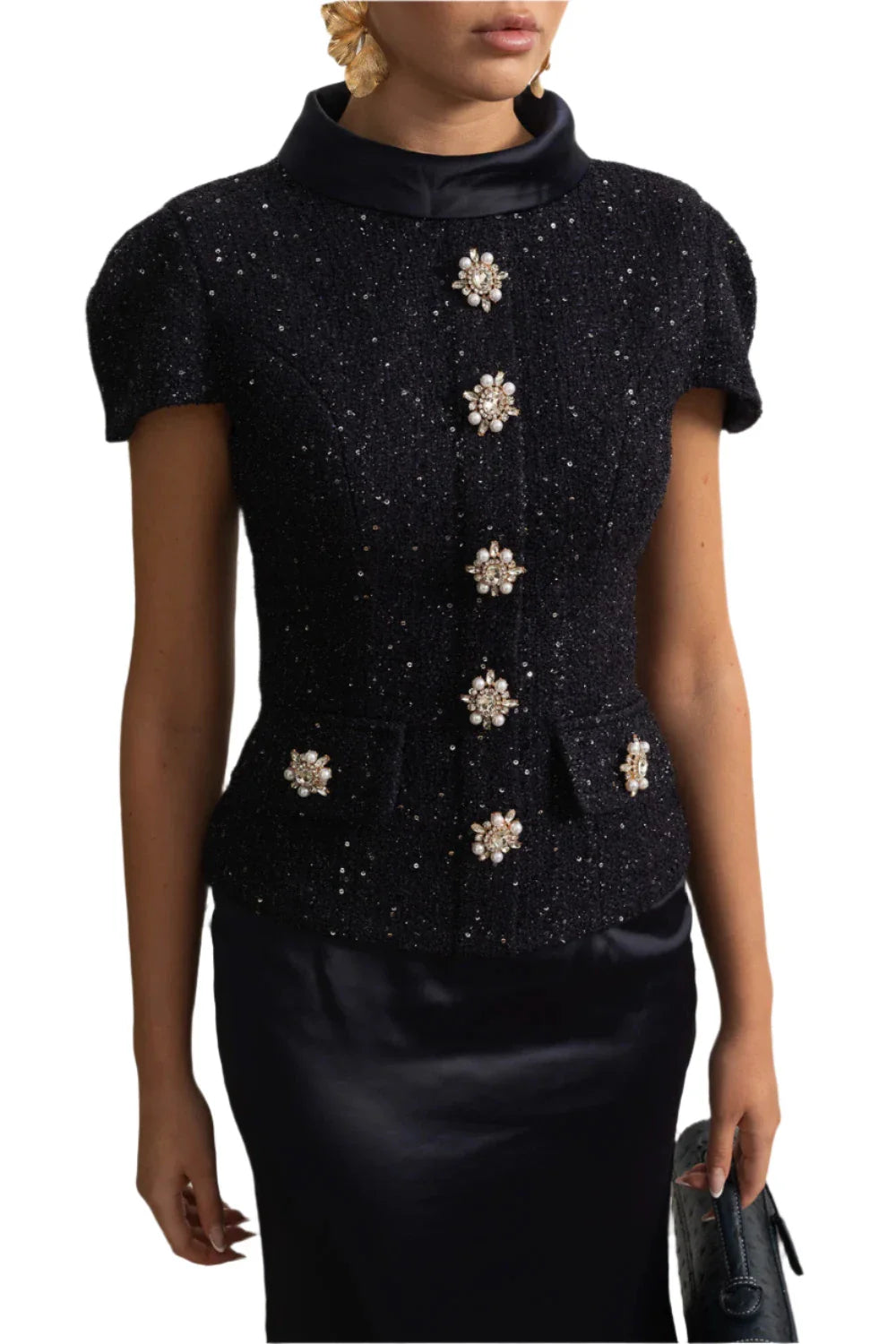 EKATERINA CO-ORD SET WITH TWEED EMBELLISHED TOP AND SATIN MAXI SKIRT