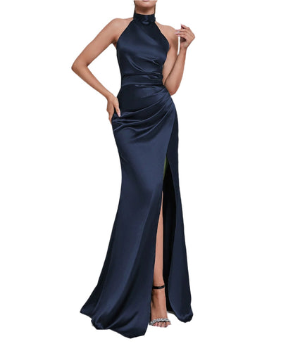ELLE High Neck Satin Maxi Dress BLUE