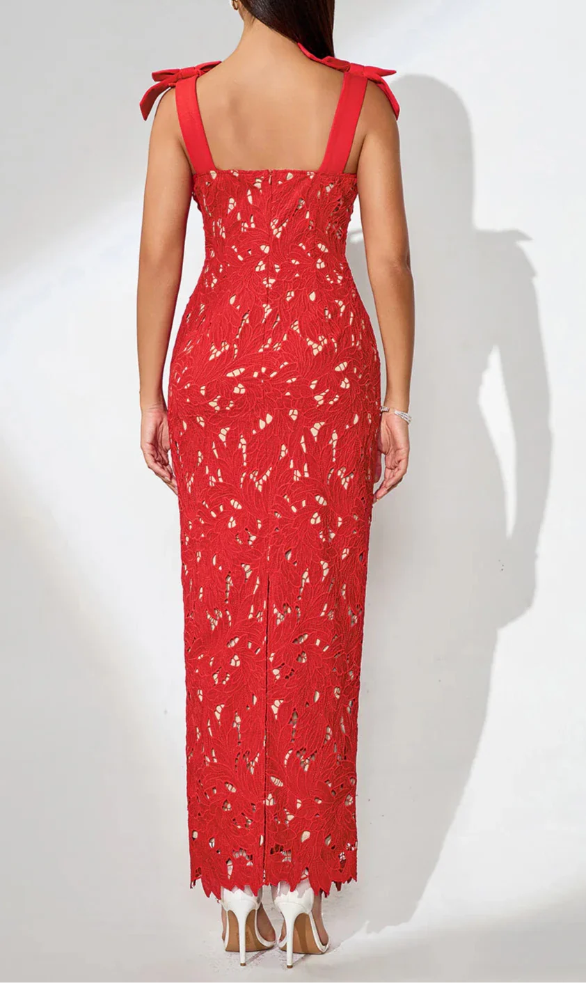ELMIRA Bow-Strappy Cutout Floral Embroidered Dress
