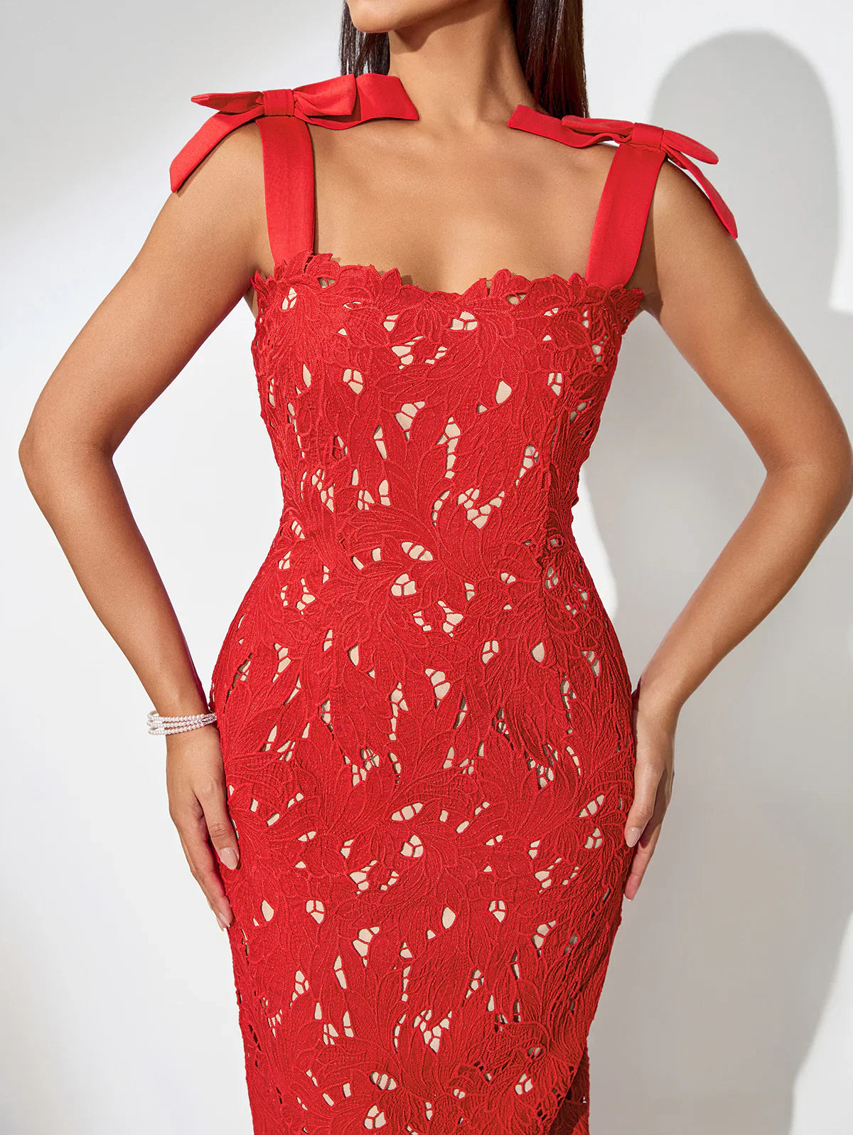 ELMIRA Bow-Strappy Cutout Floral Embroidered Dress
