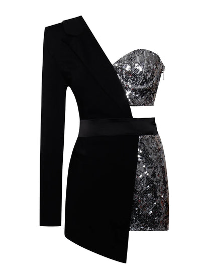 EMI Sequin Black One Sleeve Blazer Romper