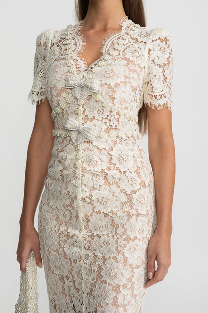 ESLEM EMBELLISHED LACE WITH BOW DETAILING MINI BODYCON DRESS