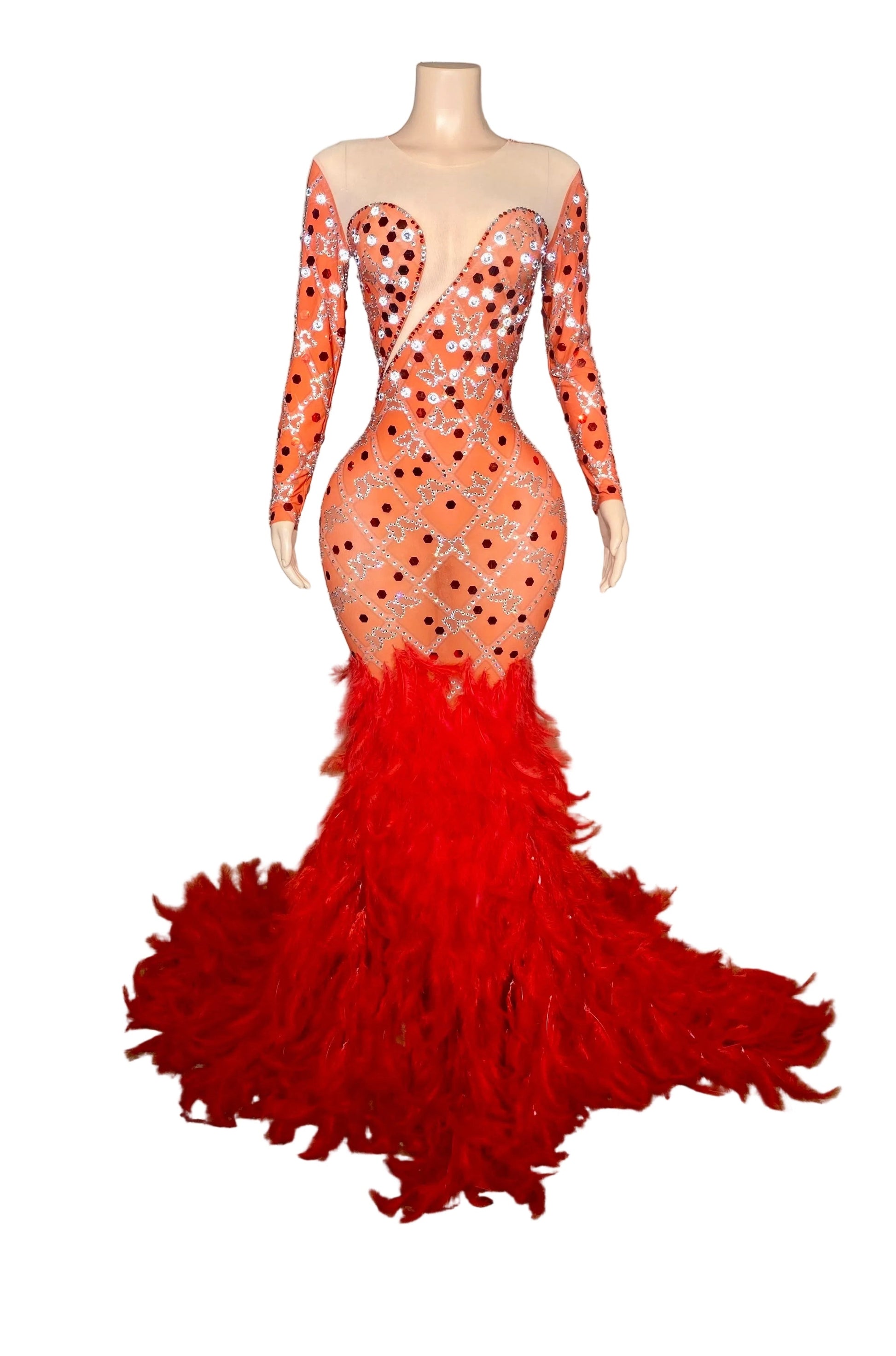 ETER Crystal Feather Mermaid Gown