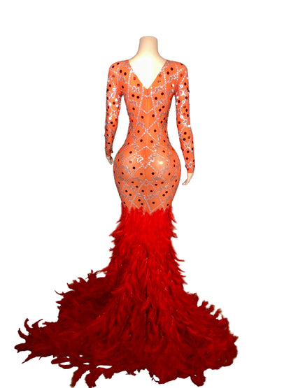 ETER Crystal Feather Mermaid Gown