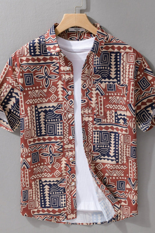 Mosaic Print Button Up Short Sleeve Shirt