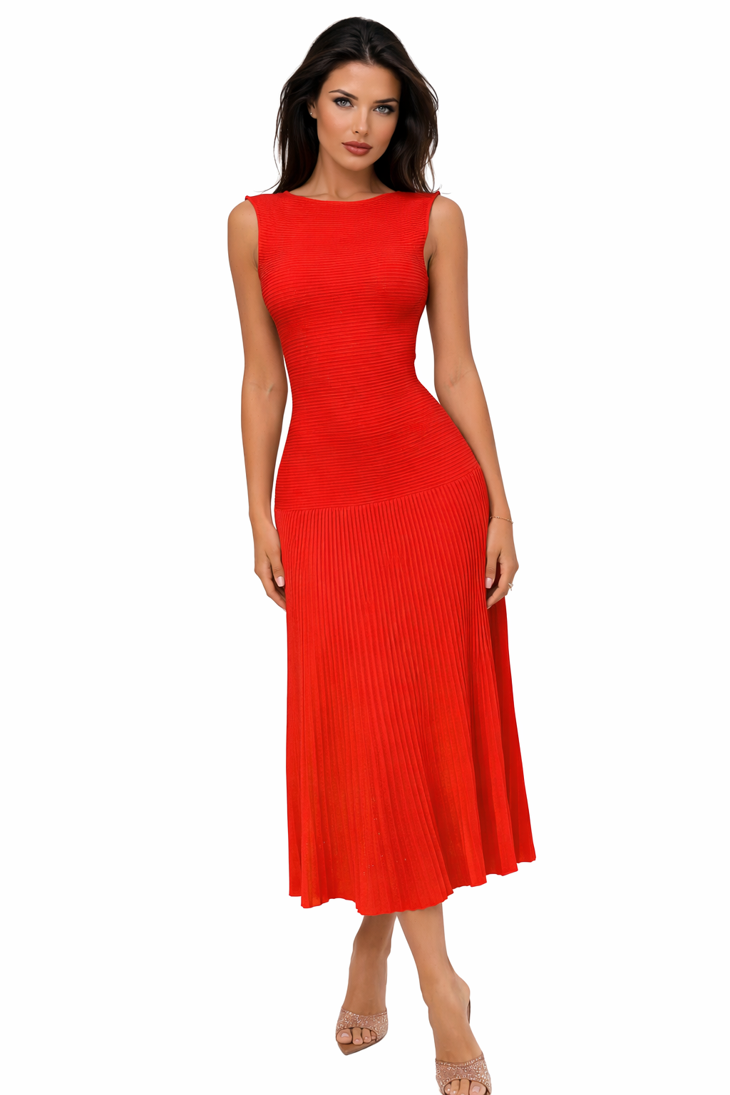 NAREL Pleated Knit Midi Dress | Elegant Sleeveless Dress RED