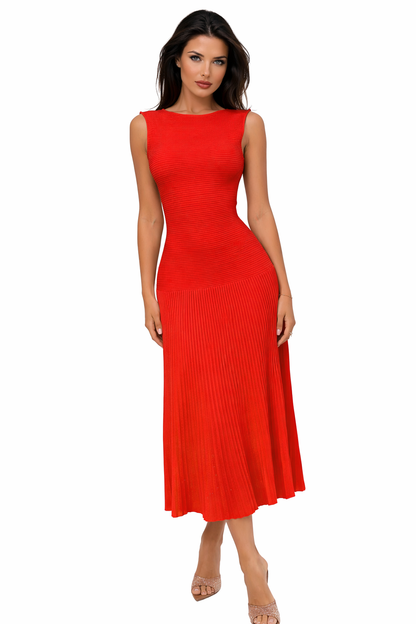 NAREL Pleated Knit Midi Dress | Elegant Sleeveless Dress RED