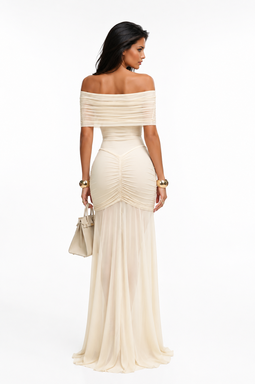 PIROSKA Ivory Ruched Mesh Maxi Dress | Elegant Off Shoulder Evening Gown