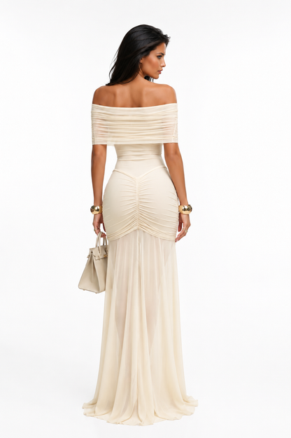 PIROSKA Ivory Ruched Mesh Maxi Dress | Elegant Off Shoulder Evening Gown