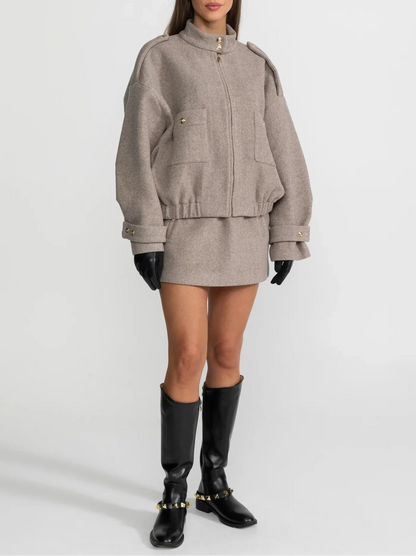FATMA WOOL BOMBER JACKET AND MINI SKIRT BODYCON SET