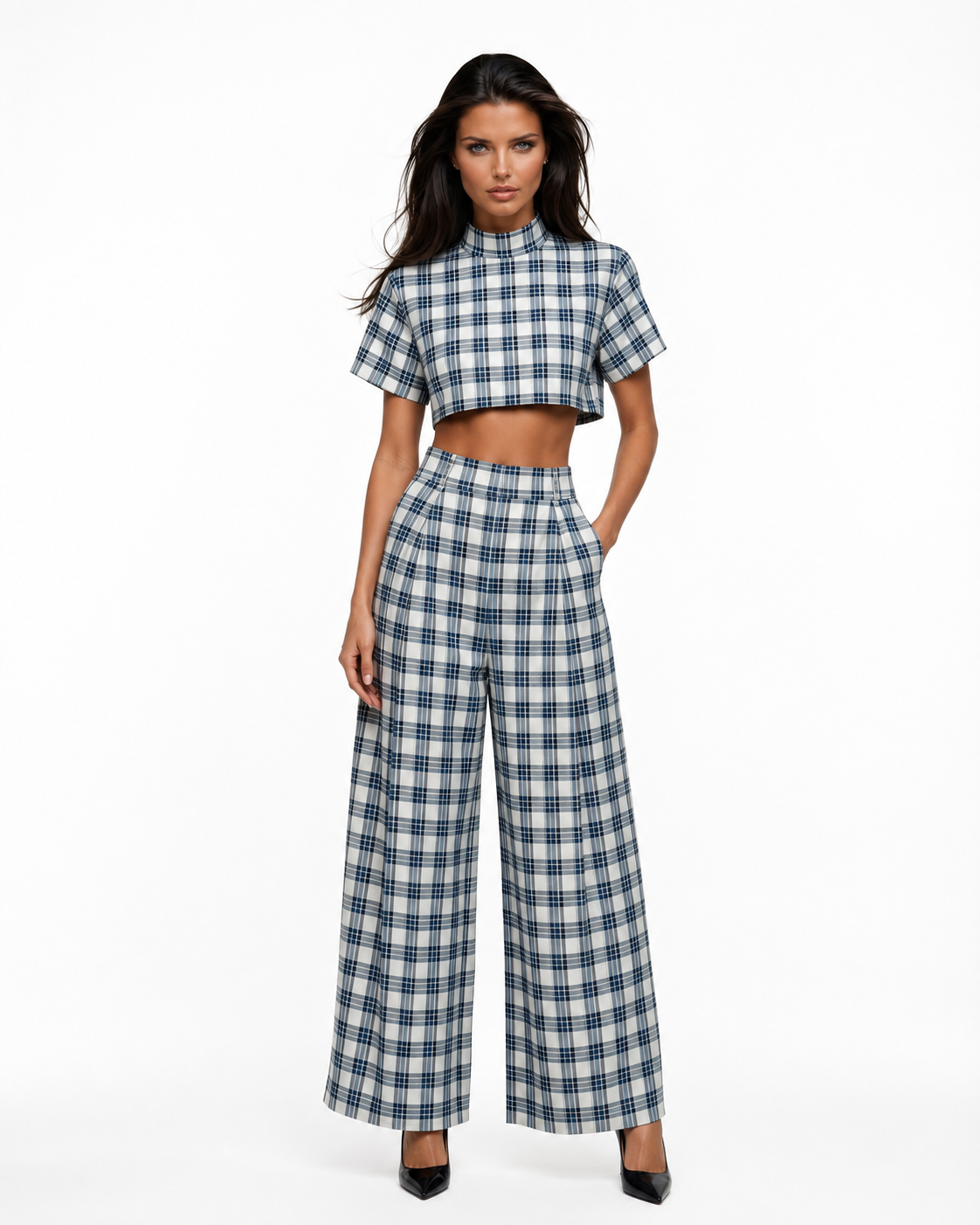 CEMRE Check Mate Wide-Leg Set – Cropped Plaid Top & High-Waisted Trousers